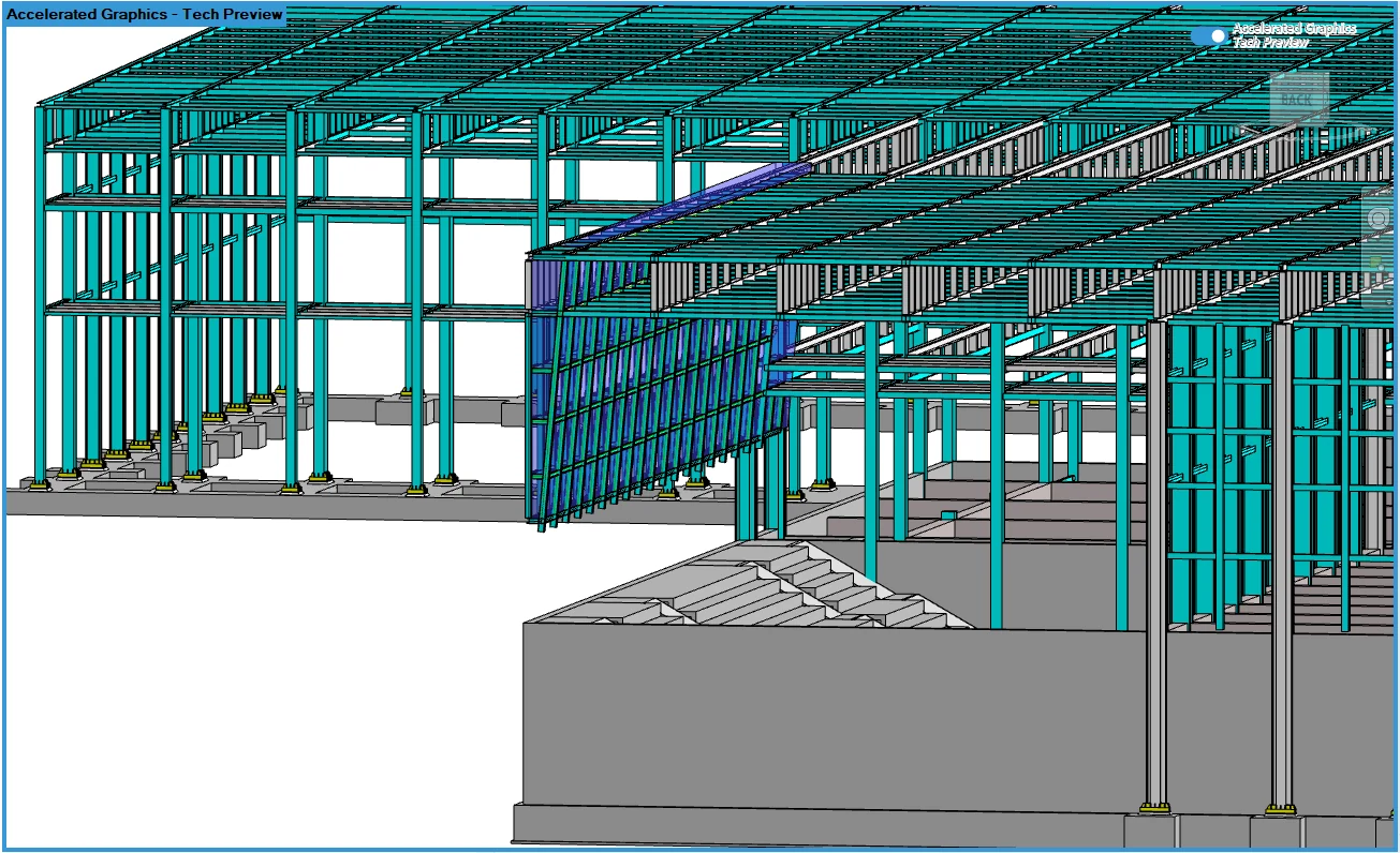 Structural building model showing steel framing and stairs